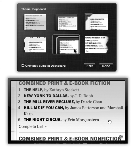 Top: Click a frame style to give your widget better-looking edges. If the widget plays sound, it keeps playing sound when you close the Dashboard unless you turn on “Only play audio in Dashboard.”Bottom: Click Edit to return to the front of the widget, where you can adjust its position on the underlying Web page.