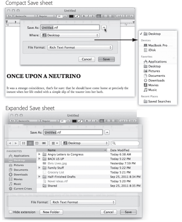 Top: The Save dialog box, or sheet, often appears in its compact form.Right (inset): If you open the Where pop-up menu, you’ll find that Mac OS X lists all the places it thinks you might want to save your new document: on the hard drive, in a folder you’ve put into your Sidebar, or into a folder you’ve recently opened.Bottom: If you want to choose a different folder or create a new folder, click the ▾ button indicated by the cursor above to expand the dialog box. Here, you see the equivalent of the Finder—with a choice of icon, list, or column view. Even the Sidebar is here, complete with access to other disks on the network.