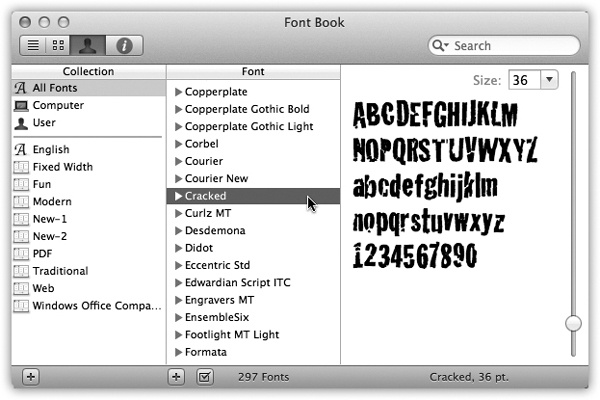 Each account holder can have a separate set of fonts; your set is represented by the User icon. You can drag fonts and font families among the various Fonts folders represented here—from your User account folder to the Computer icon, for example, making them available to all account holders.