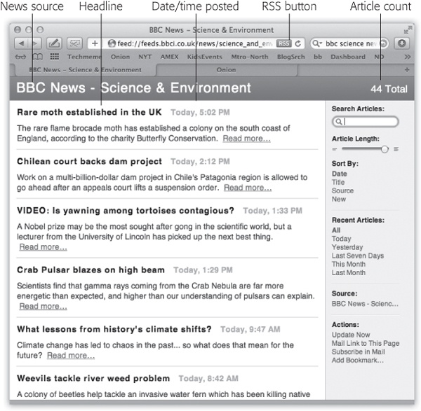 The Article Length slider controls how much text appears for each RSS blurb; if you drag it all the way to the left, you’re left with nothing but headlines. To change the number and order of the articles being displayed, use the sorting options on the right. And if you feel a sudden desire to tell your friends about an amazing RSS feed you’ve just discovered, use the Mail Link to This Page link in the lower-right section of the window.