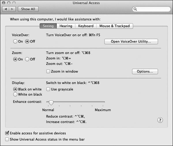 You’ll be amazed at just how much you can zoom into the Mac’s screen using this Universal Access pane. In fact, there’s nothing to stop you from zooming in so far that a single pixel nearly fills the entire monitor. (That may not be especially useful for people with limited vision, but it can be handy for graphic designers learning how to reproduce a certain icon, dot by dot.)