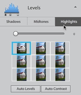 Clicking the name of a section in the panel collapses or expands that section. In Elements 11, you can see the tools and commands for only one section at a time, so when you click another section, the previous one closes. In sections like this one that offer multiple editing options, just click the tabs at the top of the section to see what’s available. Here, for example, if you click Highlights, you’ll see the previews and thumbnails for adjusting the brightest areas of the photo.