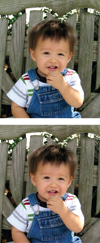 Top: This photo has a slight greenish cast, giving the little boy a somewhat unappealing skin tone.Bottom: “Adjust Color for Skin Tone” warms up his skin tones and even removes the greenish tinge from the bench he’s sitting on.