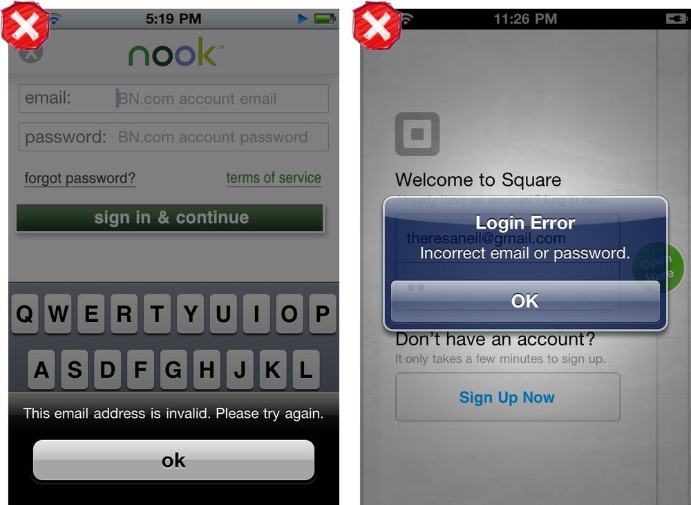 Barnes & Noble Nook, error message in Action Sheet; Square, error message in dialog