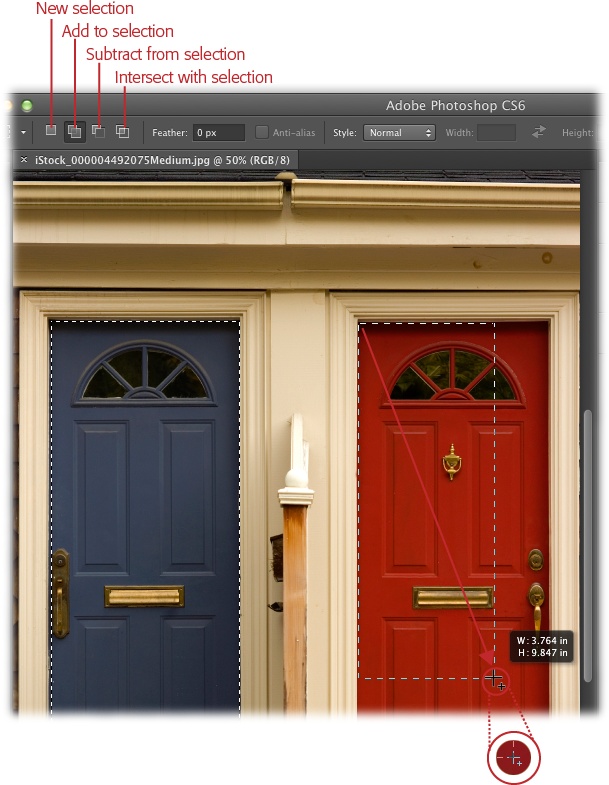 Using the buttons in the Options bar, you can add to or subtract from a selection, as well as create a selection from two intersecting areas.Since all selections begin at the point where you first click, you can easily select one of these doors by dragging diagonally from the top-left corner to the bottom right as shown here. You can tell from the tiny + sign next to the crosshairs-shaped cursor that you’re in “Add to selection” mode, so this figure now has two selections: the blue door and the red door.In CS6 you get a handy overlay that displays the width and height info as you drag to create a selection (shown here). If you move a selection, you see X and Y axis info instead that indicates how far you’ve moved the selection in the document.Give this selection technique a spin by downloading the practice file, Doors. jpg, from this book’s Missing CD page at www.missingmanuals.com/cds.