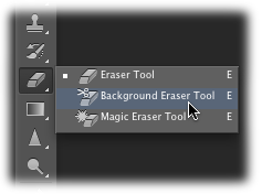 You may never see these tools because they’re hidden inside the same toolset as the regular Eraser tool. Just click and hold the Eraser tool’s icon until this little pop-up menu appears. Pick an eraser based on how you want to use it: You drag with the Background Eraser (as if you were painting, which is great for getting around the edges of an object), whereas you simply click with the Magic Eraser.