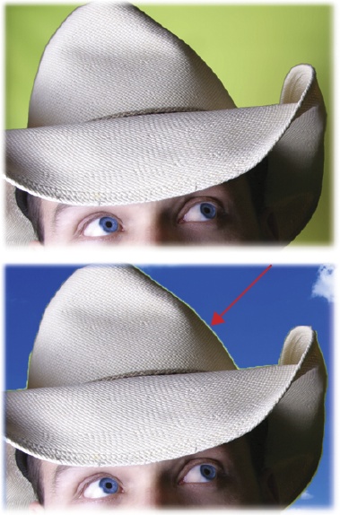 Here you can see the intrepid cowboy on his original green background (top) and on the new background (bottom). The green pixels stubbornly clinging to his hat are an edge halo.This aggravatingly tiny rim of color can be your undoing when it comes to creating realistic images because they’re a sure sign that the image has done time in Photoshop. Edge halos make a new sky look fake and won’t help convince anyone that Elvis actually came to your cookout.