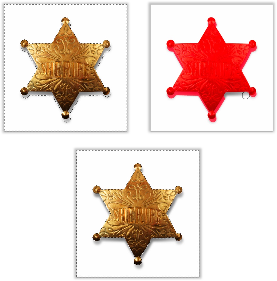 Top left: To select the area around this badge, start by selecting the white background with the Magic Wand tool.Top right: When you pop into Quick Mask mode, Photoshop leaves the area you’ve selected in full color (in this case, white) and puts a red overlay over everything else. Now you can quickly clean up problem areas—like the drop shadow peeking out from beneath the badge—because they’re so easy to spot with the red overlay. Use the Brush tool set to paint with black or white, or the Polygonal Lasso tool (and then fill the selection area with black or white).Bottom: Once you’re finished, exit Quick Mask mode by pressing Q, and you see the fine-tuned selection marked by marching ants.