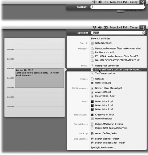 Top: Press ⌘-space bar, or click the magnifying-glass icon, to make the search box appear.Bottom: As you type, Spotlight builds the list of every match it can find, neatly organized by type: programs, documents, folders, images, PDF documents, and so on. But don’t miss what may be one of the most useful tweaks ever: If you’re not sure what something is, point to it without clicking—or pause on it as you walk down the list with the arrow keys. A Quick Look preview pops out to the left. It shows exactly what’s in that movie, picture, document, or whatever. If your search has found an appointment from your calendar, you actually see a slice of that day’s calendar, showing the appointment in context!