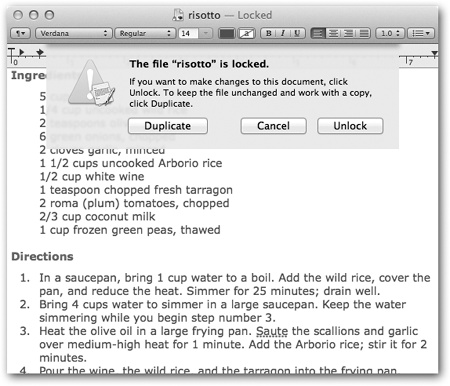 If you try to make changes to a locked document, the Mac gives you two choices: You can unlock the document or click Duplicate, which spins off an unlocked perfect copy.