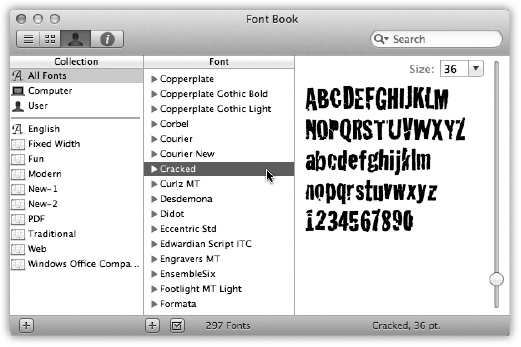 Each account holder can have a separate set of fonts; your set is represented by the User icon. You can drag fonts and font families among the various Fonts folders represented here—from your User account folder to the Computer icon, for example, making them available to all account holders.