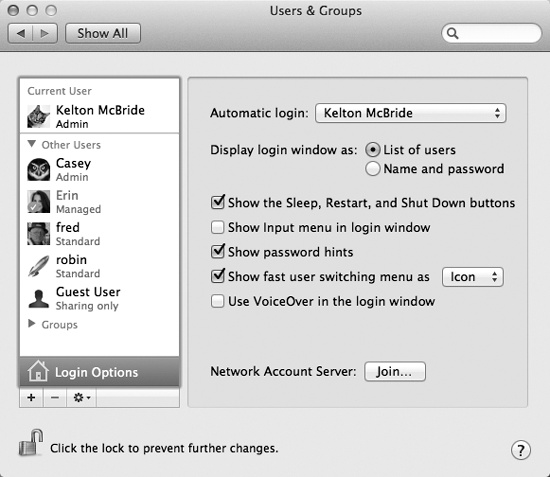 These options make it easier or harder for people to sign in, offering various degrees of security. By the way: Turning on “Name and password” also lets you sign in as >console, a troubleshooting technique described on page 688. It’s also one way to sign in with the root account, if you’re Unixy enough to know what that is.