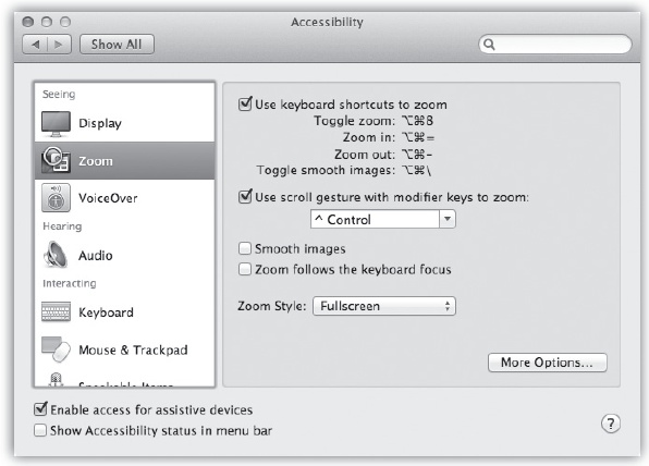 You’ll be amazed at just how much you can zoom into the Mac’s screen using this Accessibility pane. In fact, there’s nothing to stop you from zooming in so far that a single pixel nearly fills the entire monitor. (That may not be especially useful for people with limited vision, but it can be handy for graphic designers learning how to reproduce a certain icon, dot by dot.)