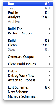 The Run menu item in Xcode