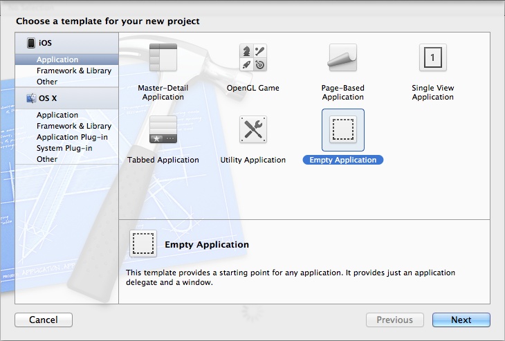 Creating a new empty application that will later contain our table view controller