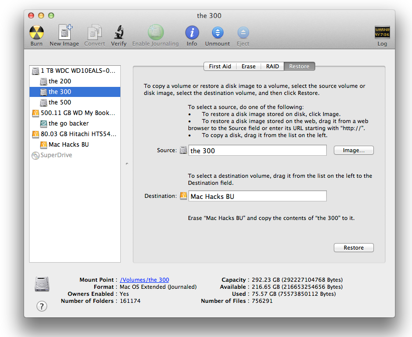 In this case, the partition named “the 300” is being duplicated to the partition Mac Hacks BU. OS X treats separate partitions as different disks even though they can be on the same physical drive. This illustration shows three physical drives and five partitions.