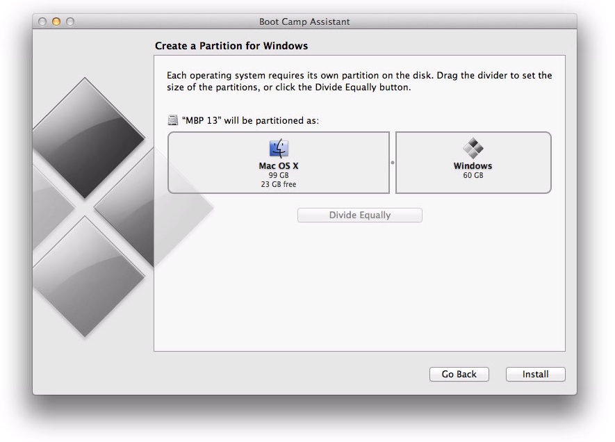 To set partition sizes, either drag the divider between the two partitions or you could opt to use the Divide Equally button. It’s your partition—do what you want!