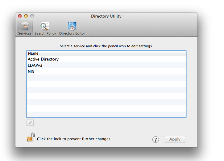 Active Directory, LDAPv3, NIS—is this some sort of repository for bad acronyms? Nope. Even though this window might not make any sense at all in light of what you’re trying to do, this is exactly where you want to be.