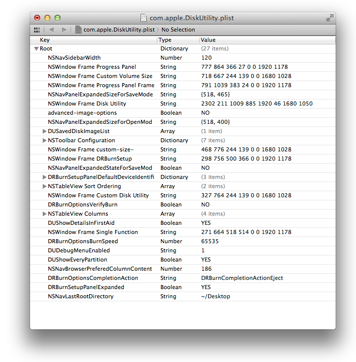 Using Xcode to poke around Disk Utility’s PLIST file. You can make a ton of reversible choices here, so don’t be afraid to play! Your options might look different than the ones pictured here; that’s to be expected, because the PLIST options change as you deviate from the standard configuration.