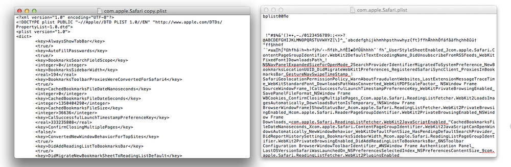 The same PLIST file side by side. The one on the left is the converted version (so it’s comprehensible). The one on the right is the unconverted version, which looks like it was created by an explosion at a keyboard factory.