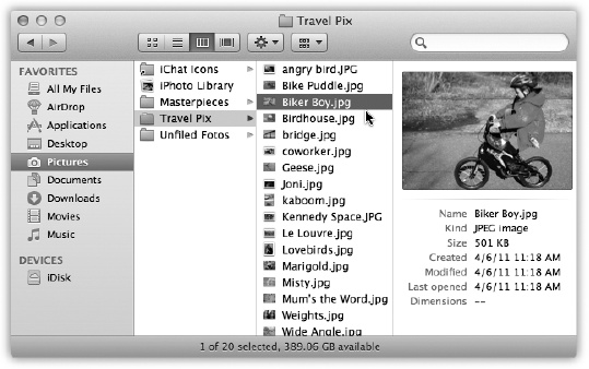 If the rightmost folder contains pictures, sounds, Office documents, or movies, you can look at them or play them, right there in the Finder. You can drag this jumbo preview icon anywhere—into another folder or to the Trash, for example.