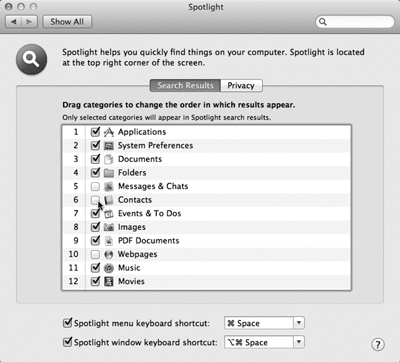 Here’s where you can specify what categories of icons you want Spotlight to search, which order you want them listed in the Spotlight menu, and what keystroke you want to use for highlighting the Spotlight search box.