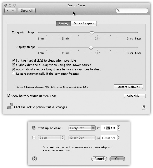 Top: Here’s what Energy Saver looks like on a laptop. In the “Display sleep” option, you can specify an independent sleep time for the screen.Bottom: Here are the Schedule controls—the key to the Mac’s self-scheduling abilities.