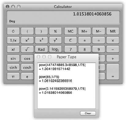 The Calculator program offers a four-function Basic mode, a full-blown scientific calculator mode, and a programmer’s calculator (shown here, and capable of hex, octal, decimal, and binary notation). The first two modes offer a “paper tape” feature (Windows→Paper Tape) that lets you correct errors made way back in a calculation. To edit one of the numbers on the paper tape, drag through it, retype, and then click Recalculate Totals. You can also save the tape as a text file by choosing File→Save Tape As, or print it by selecting File→Print Tape.