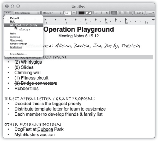 The text ruler gives you control over tab stops, paragraph justification, and so on. Pressing ⌘-R makes it appear and disappear. On the toolbar, the Style pop-up menu lists canned sets of character and paragraph formatting, so you can apply them consistently throughout a document.