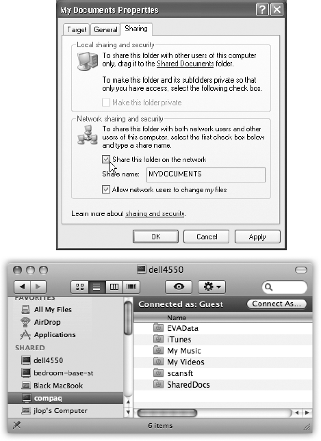 Top: To share a folder in Windows, right-click it, choose Properties, and then turn on “Share this folder on the network.” In the “Share name” box, type a name for the folder as it will appear on the network. (No spaces are allowed).Bottom: Back in the safety of OS X, click the PC’s name in the Sidebar. (If it’s part of a workgroup, click All, and then your workgroup name first.)Next, click the name of the shared computer. If the files you need are in a Shared Documents or Public folder, no password is required. You see the contents of the PC’s Shared Documents folder or Public folder, as shown here. Now it’s just like file sharing with another Mac.If you want access to any other shared folder, click Connect As, and see Figure 14-14.