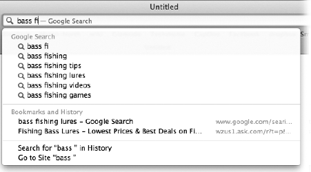 As you type, Safari offers autocomplete suggestions from Google’s own Suggest feature; below that, it shows the matching pages that you’ve either bookmarked or visited recently.To spare yourself the tedium of typing, click the correct complete address with your mouse, or use the ↓ key to reach the desired listing and then press Return. The complete address you select pops into the toolbar.