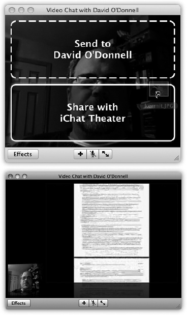 Top: You can start a Messages Theater session by choosing File→Share a File with Messages Theater, or as shown here, by simply dropping the file on an open video chat window and going for the Messages Theater option.Bottom: Once you’ve started a Theater show in Messages, the shared file takes center stage so you both can look at it and discuss amongst yourselves.