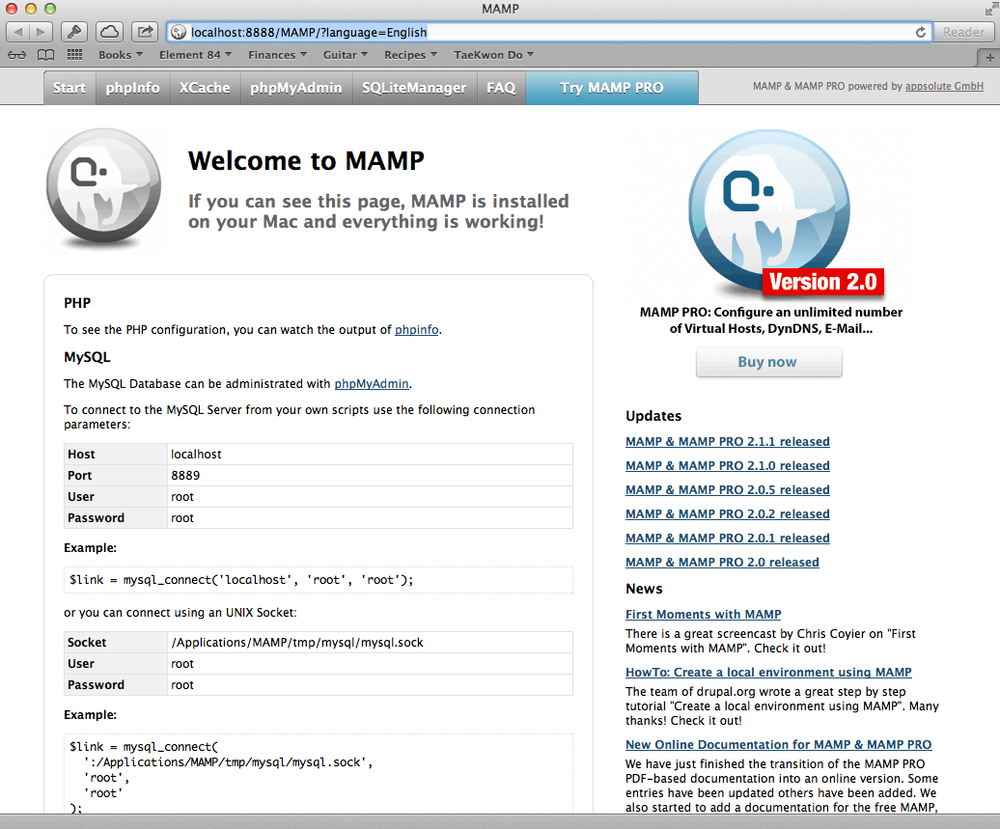 Here’s where you’ll do most of the work once you have your MAMP software running. Think of the MAMP control panel as the place you’ll control the programs, and this start page as where you’ll interact with those programs.