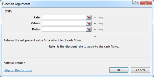 To fill in an argument, click a box, such as Rate. Then, in the worksheet, click the cell (or cells) that contain the input. For example, for Values, you can drag over all the cells that contain the cash flows (in Figure 1-2, that’s cells C3-C26).