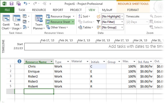 Resource Sheet view captures information about the people, equipment, and/or materials required for your project, including costs and work schedules. For now, just enter the names of the resources. (Chapter 8 covers resource creation in intricate detail.)