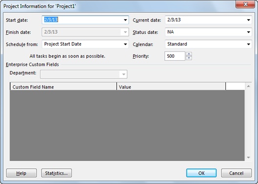 Out of the box, the “Schedule from” box is set to Project Start Date, which is almost always what you want. When you set the start date, Project calculates the finish date for you. Even if you know the end date you want, you’re better off scheduling from the start date, as the box on page 92 explains.