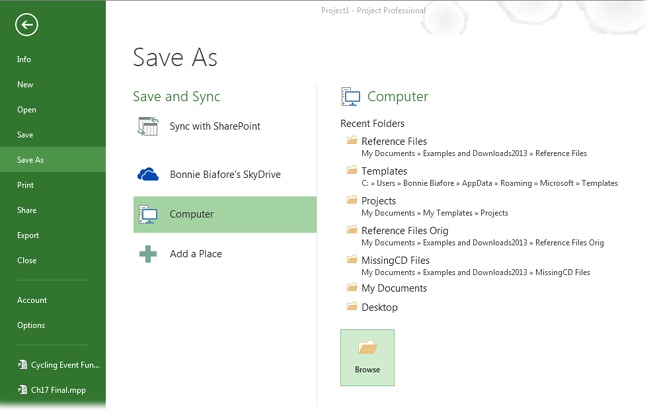 The Save As page includes a list of file-storage locations, including your computer, your SkyDrive cloud storage, and SharePoint in case you use that program for collaborating with team members. You can add other locations by clicking “Add a Place.”