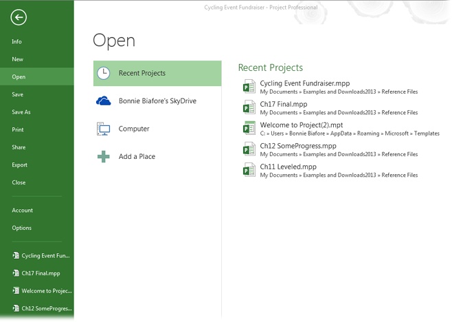 The Open page initially shows projects you’ve worked on recently. If the project you want to open appears in the list, simply click its name to open it. Otherwise, select a storage location, such as Computer or your SkyDrive. Then select the folder in which the file is stored. In the Open dialog box, select the file, and then click Open.