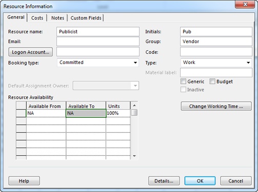 If the table in Resource Sheet view doesn’t show all the fields you want, then the General tab of the Resource Information dialog box is the next place to look. If you don’t work with costs, you might not have to venture beyond the General tab.