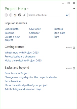 Clicking a category link on the Home page displays the help topics within that category. In turn, Help topic links lead to the nuggets of information each topic holds. You can type new or revised search terms in the Help window’s Search box, and then click the search icon (it looks like a magnifying glass) to see what Project Help has to offer.