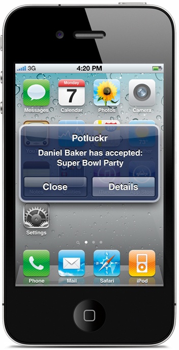 Potluck application sending an iOS notification to notify party attendees that a new attendee accepted the party invitation