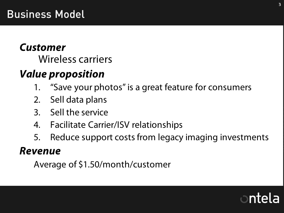 Slide from Ontela board of directors meeting