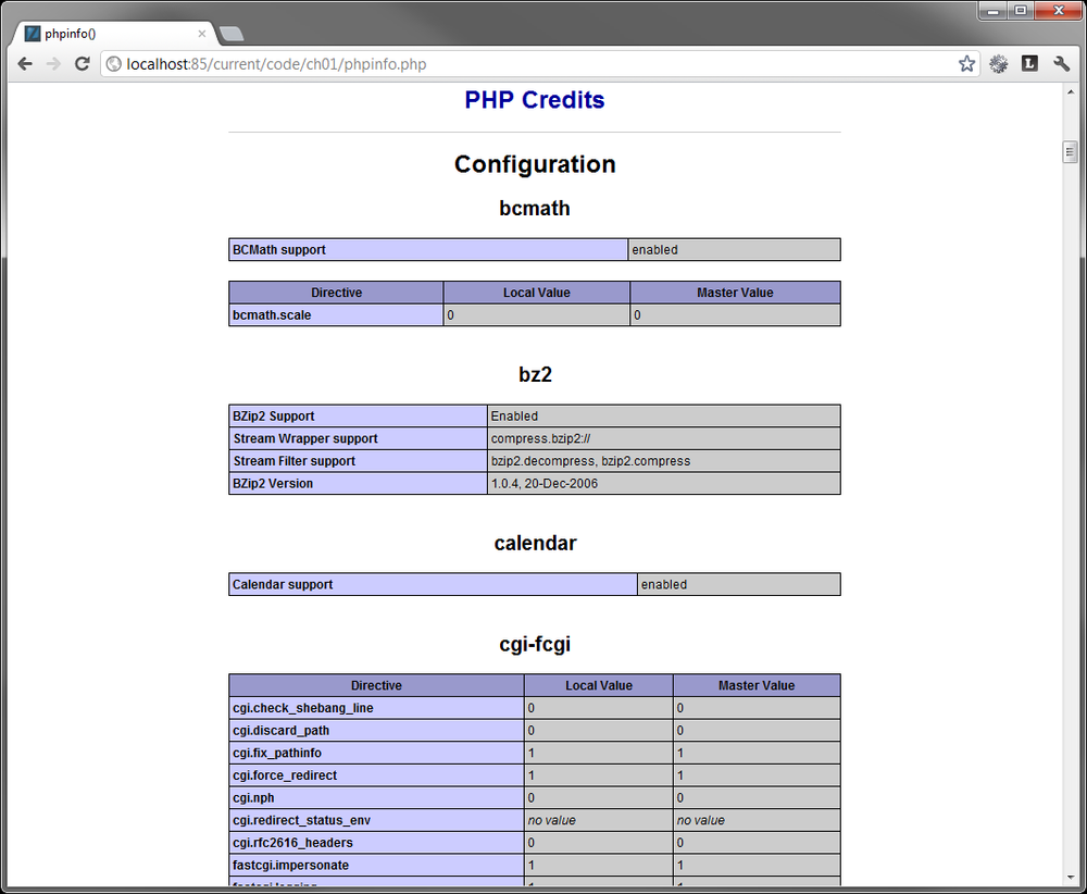 Partial output of phpinfo()