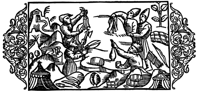 Woodcut by Olaus Magnus, depicting the trading of tools, weapons, fish, and grain by 16th-century Nordic peoplesOlaus Magnus, History of the Nordic Peoples, On Trade Without Using Money, vol. 4, chapter 5 (1555).