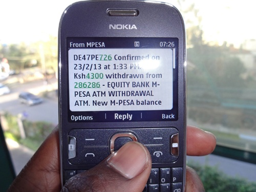 An M-PESA customer receives a text message that confirms the transfer of 4,300 Kenyan shillings from his account (courtesy of Peter Gakure-Mwangi, )