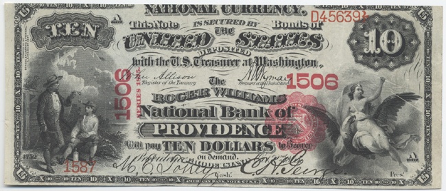 An 1865 US banknote, a $10 bill printed by a bank in Rhode Island—note the patriotic symbolism of the eagle and Benjamin Franklin; before the Federal Reserve Act of 1913, regional banks could print their own currency (courtesy of the Frost Currency Collection, John Hay Library)