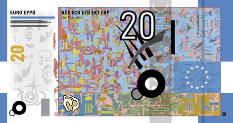 A rejected design for the Euro by abstract artist Robert Pfund, deemed too fanciful to be a commonly accepted currency