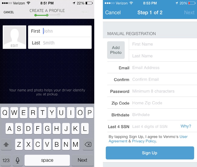 Progress indicators are used during registration for Uber (left) and Venmo (right)