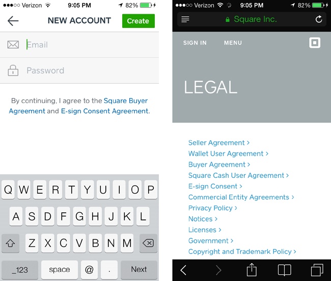 Square Order’s usage agreements are placed subtly below the registration form, and can be accessed in full via the mobile web browser