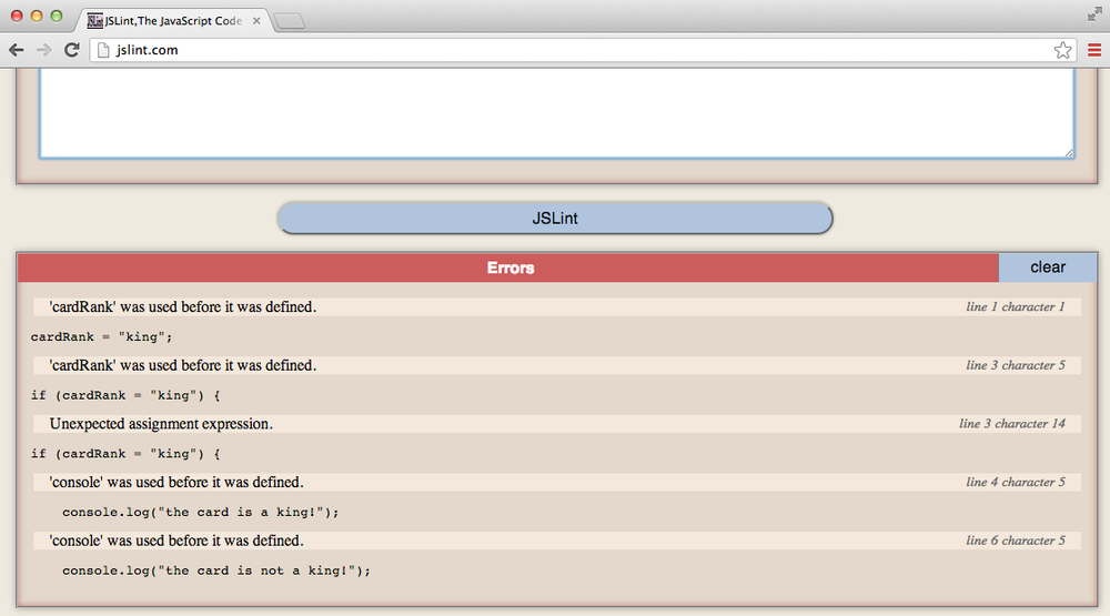 Our first errors in JS Lint!